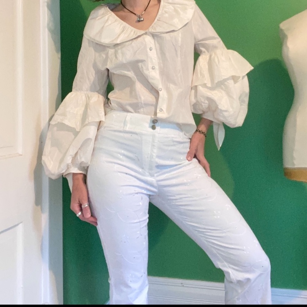 Y2K Escada white rhinestone floral Embroidered Bootcut pants